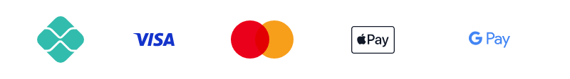 Formas de pagamento: Pix, Visa, Mastercard, Apple Pay e Google Pay