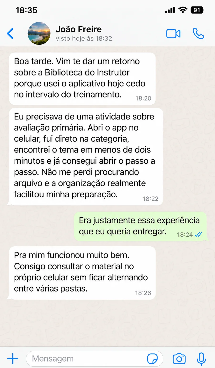 Depoimento de instrutor sobre encontrar atividades rapidamente pelo aplicativo